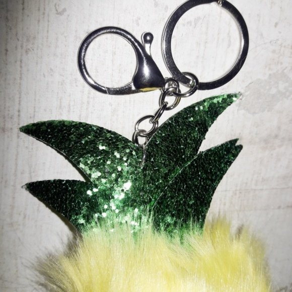 Puffy Pom Pom Glitter Pineapple Bag Charm Keyring - Picture 4 of 4